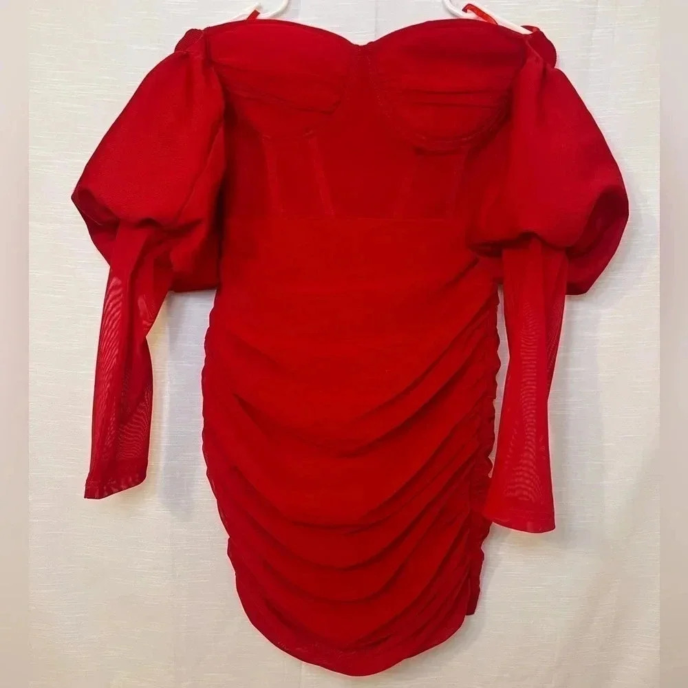 Olivia Mark – Lantern Sleeve Ruched Off Shoulder Bodycon Dress - Picture 13 of 15